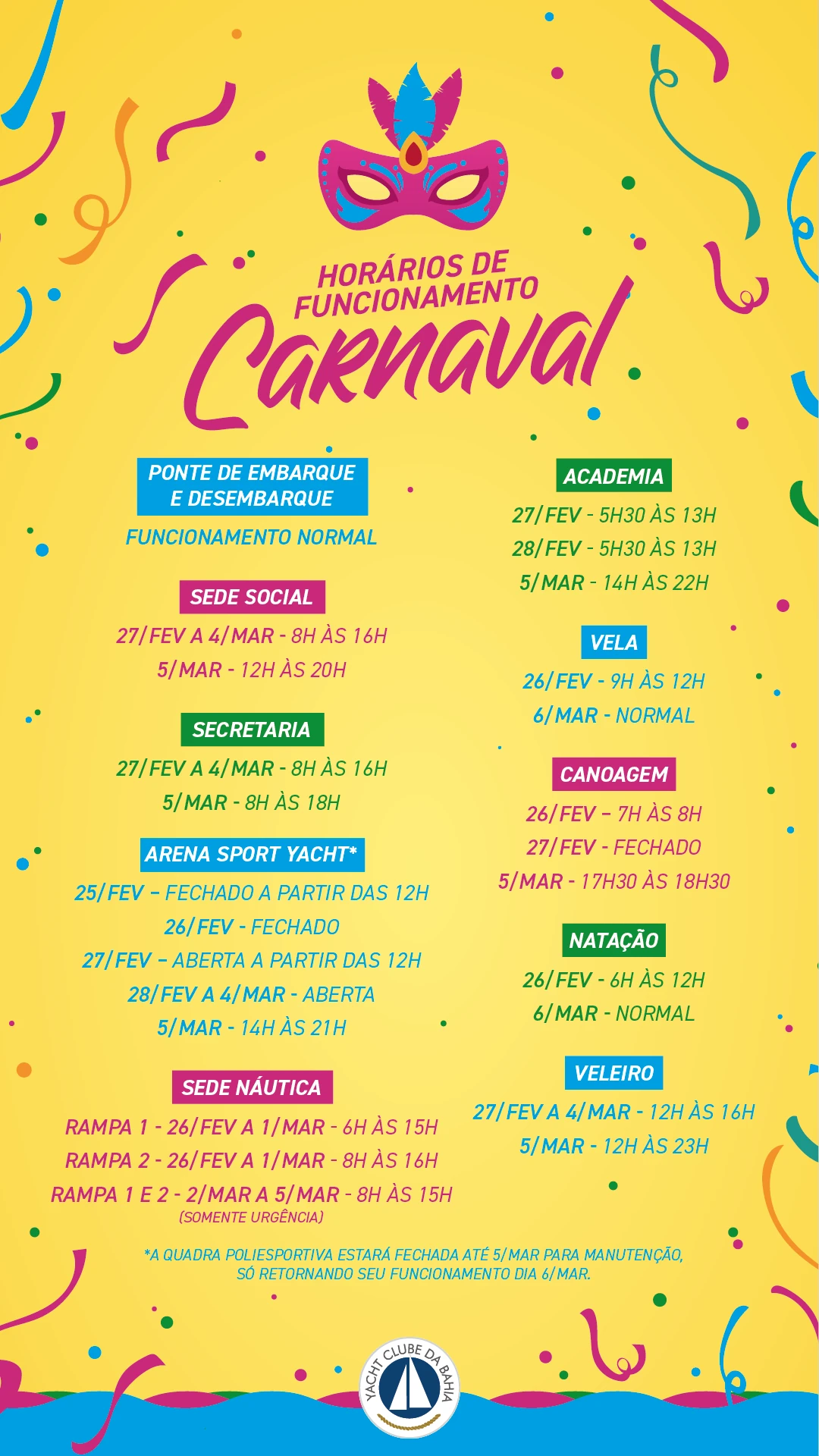 Horário de Funcionamento Ycb - Carnaval